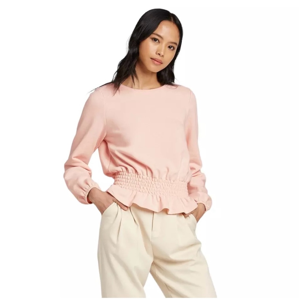 Who What Wear Women's Peach Blush Crew Neck Smocked Waist Knit Sweatshirt Size M